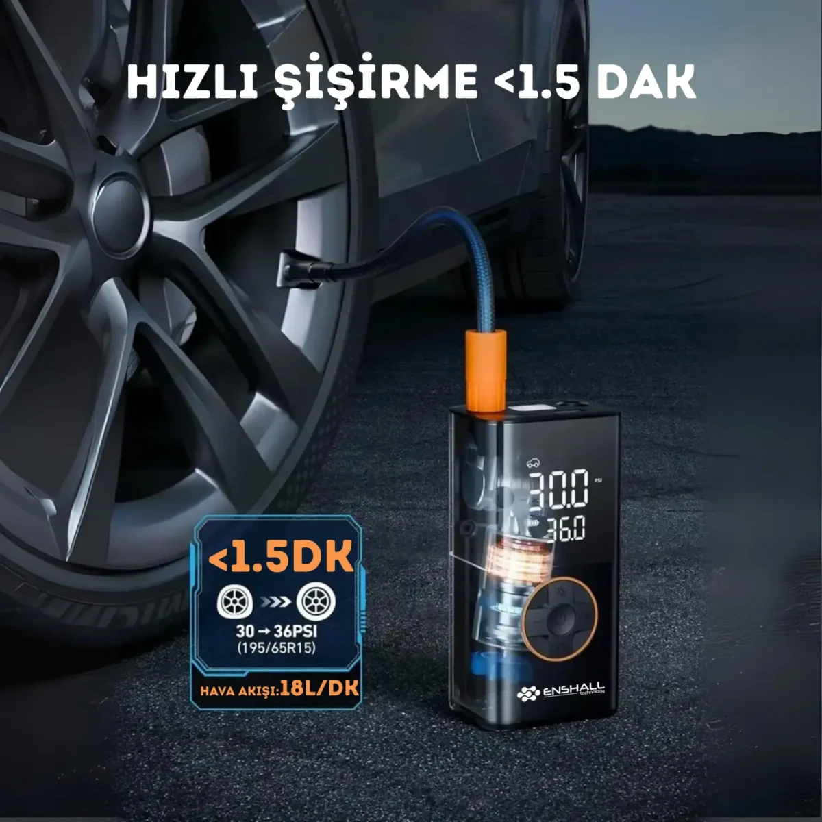 ENSHALL A6611 kablosuz şarjlı taşınabilir kompresör ile lastik şişirme