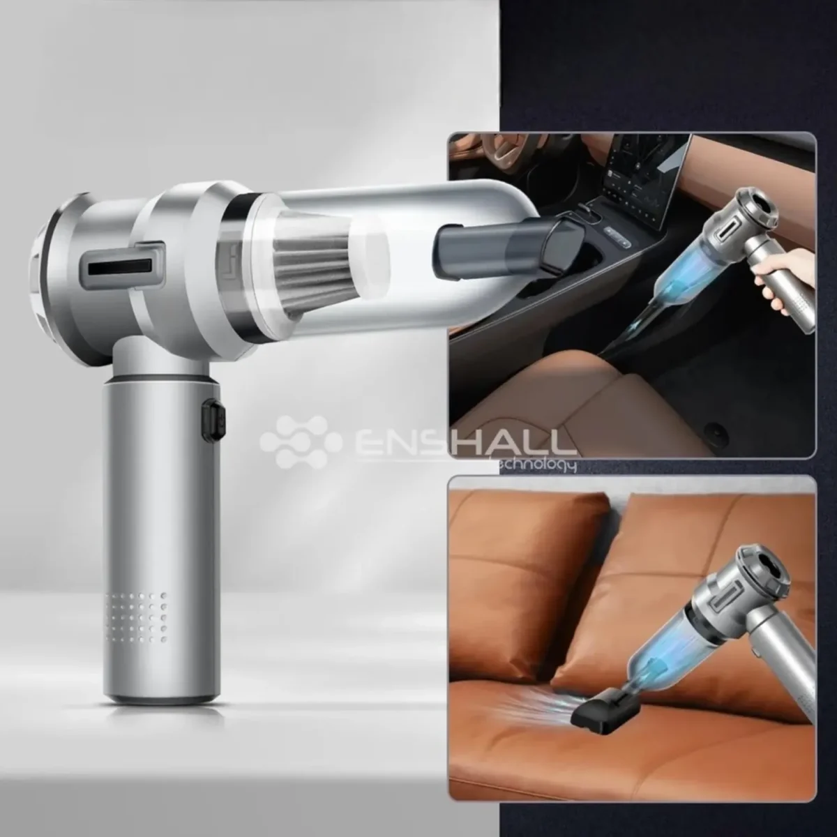 ENSHALL AHV01 mini araç süpürgesi fırça başlıkla detaylı temizlik yapıyor