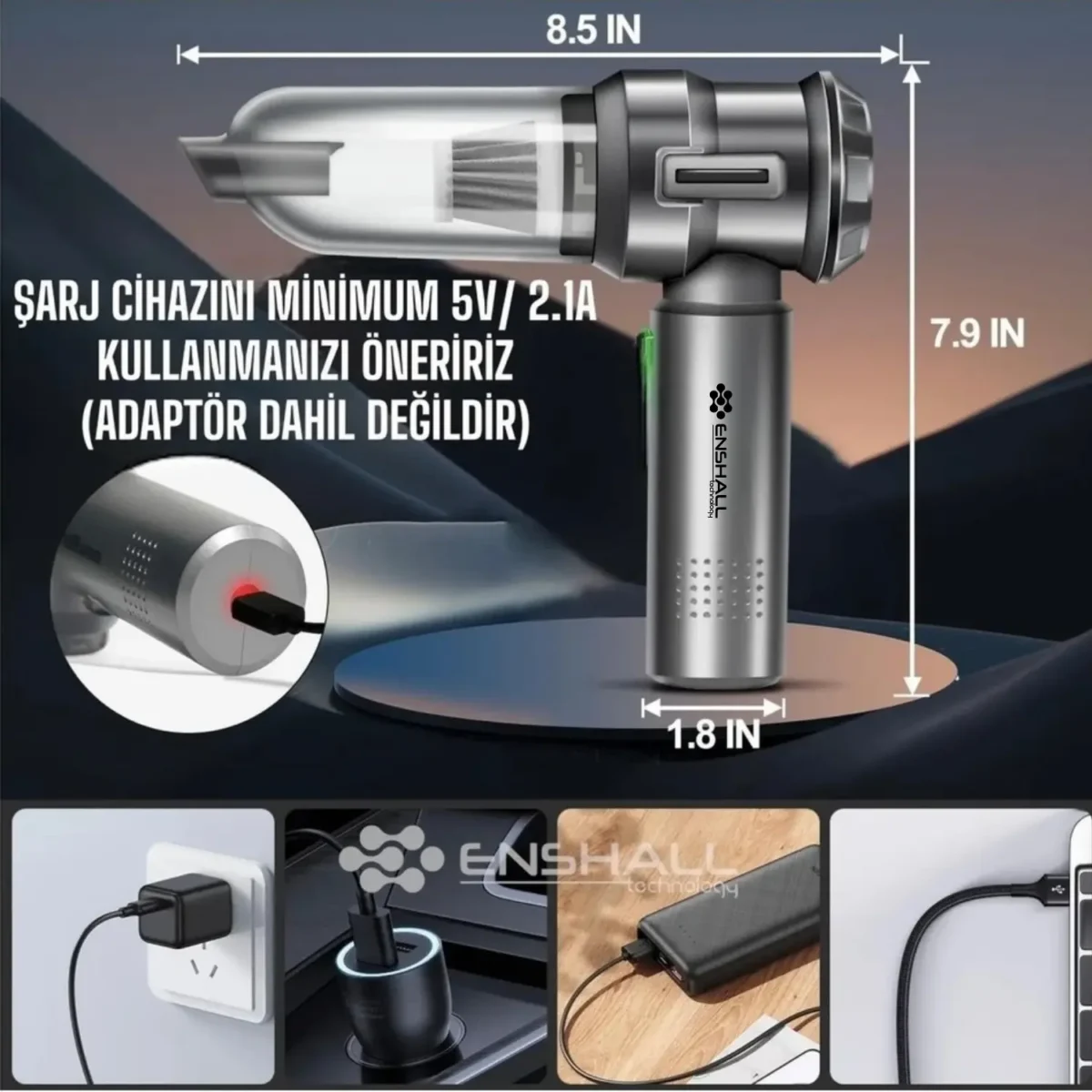 ENSHALL AHV01 kablosuz şarjlı mini araç süpürgesi ve 8 başlık seti