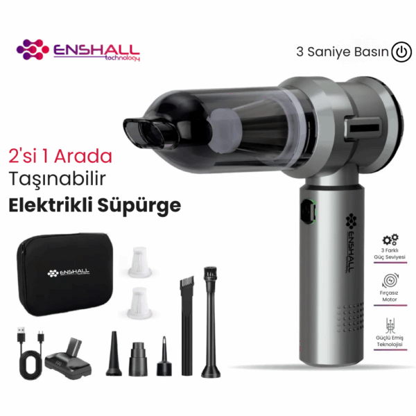 Enshall Yeni Kablosuz Şarjlı 3 Kademeli 2ın1 Profesyonel Ultra Çekim Güçlü Mini Araç Süpürgesi