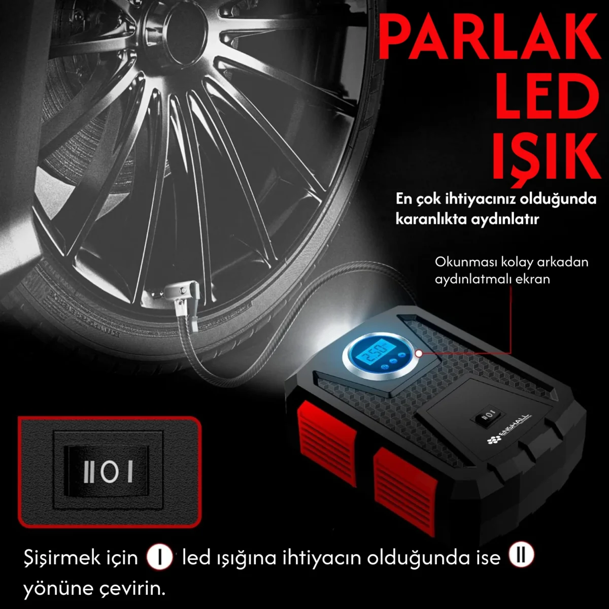 ENSHALL 3609B lastik şişiren LED ışıklı taşınabilir kompresör