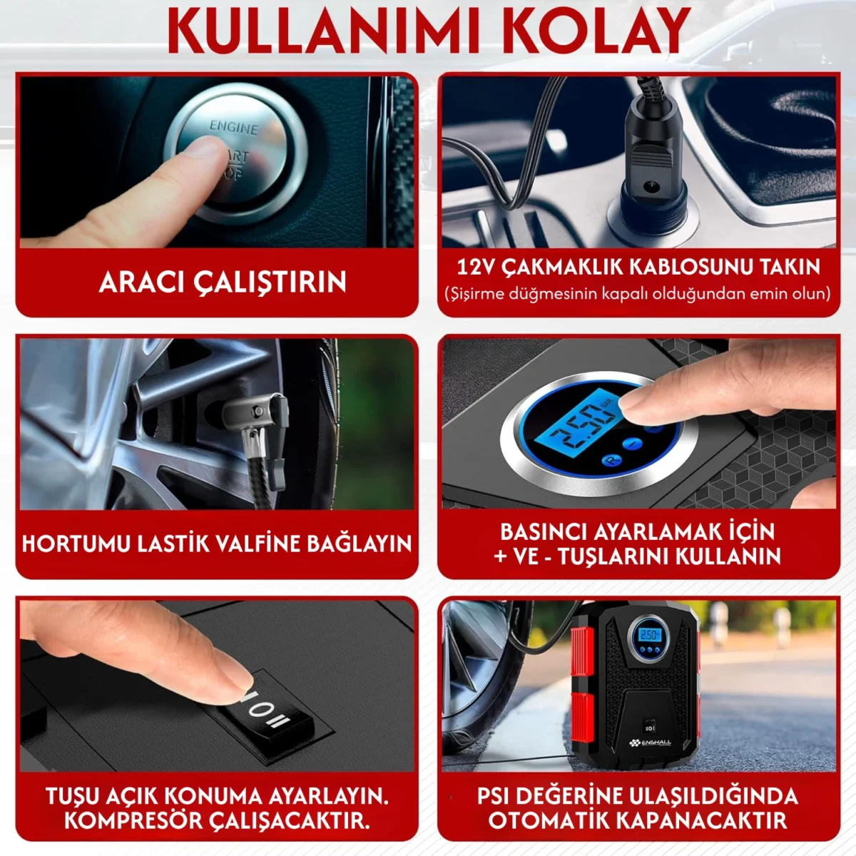 ENSHALL 3609B araç çakmaklık girişli taşınabilir kompresör ve başlık seti