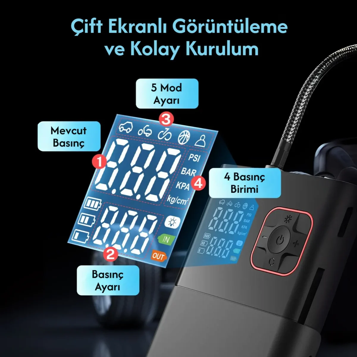 ENSHALL 5659 şarjlı hava kompresörü ile araç lastiği şişirme