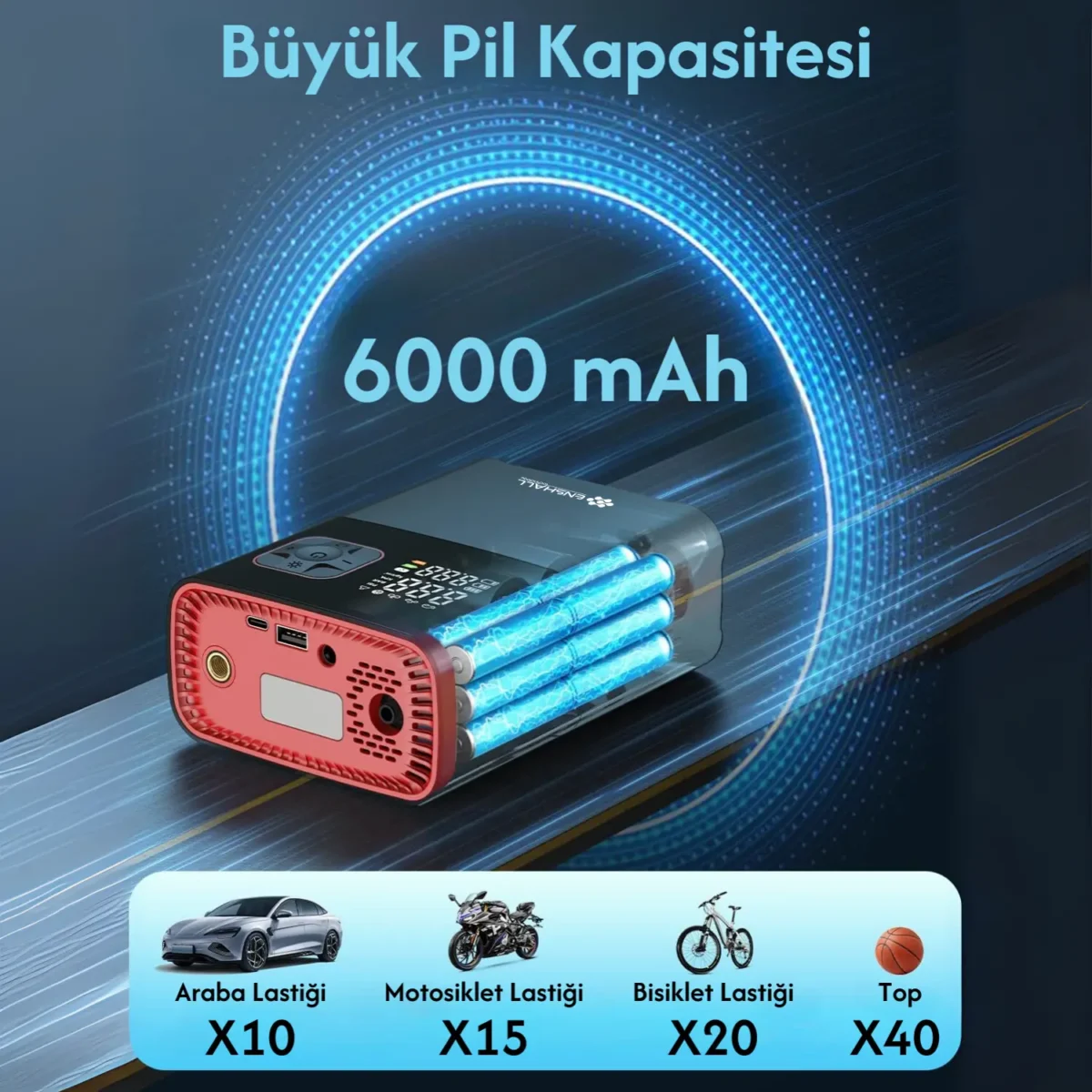 ENSHALL 5659 kompresör, farklı şişirme başlıklarıyla birlikte gelir