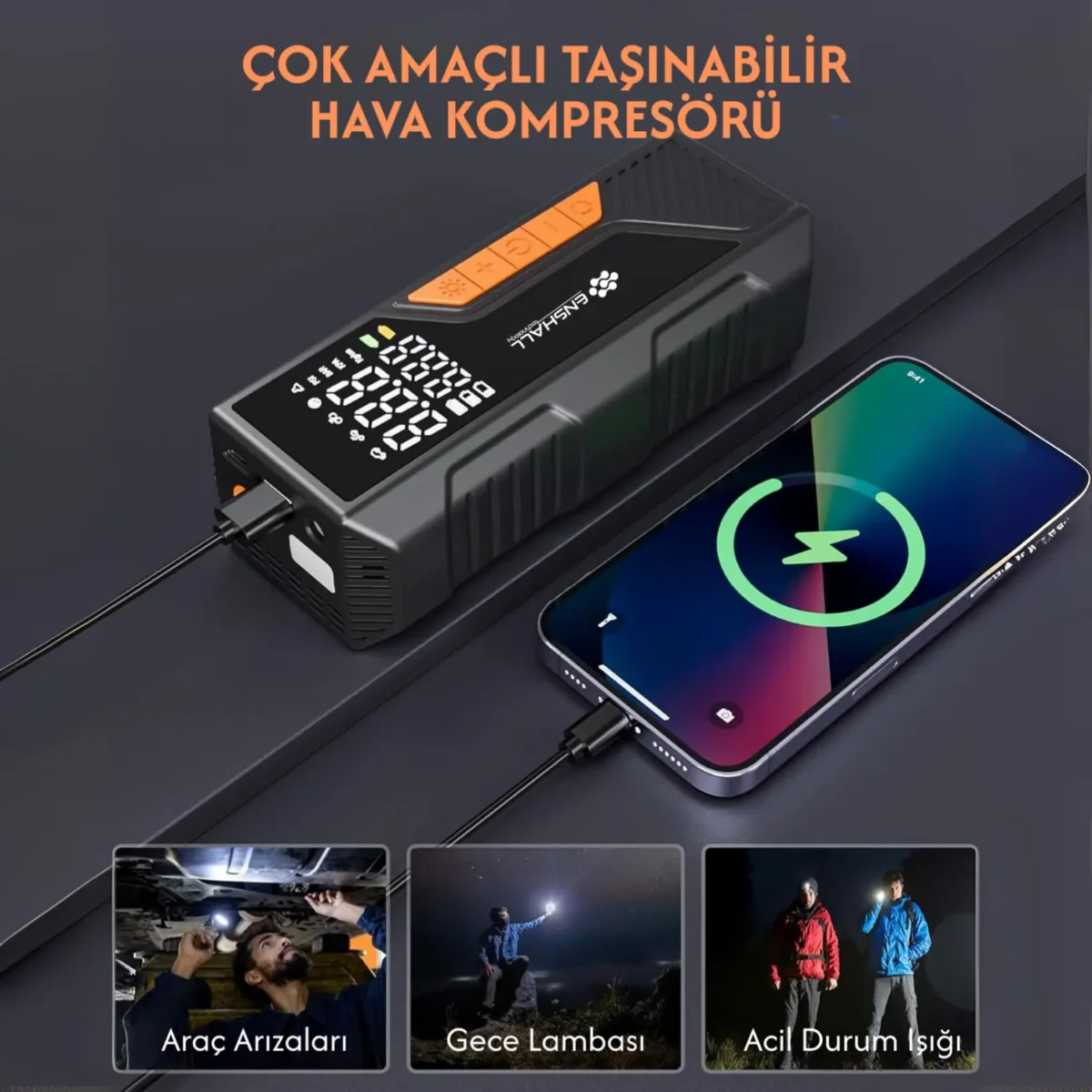 Çoklu başlık aparatlı ENSHALL DC04 taşınabilir hava kompresörü